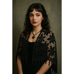 Whimsigoth Fairy Holiday Metallic Shimmer Black Lace Floral Beaded Shawl Wrap